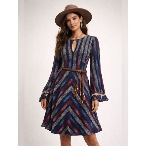 Free People Dresses & Skirts - Free People Long-Sleeve Chevron Dress in Blue, Red, Purple, Black, Cream